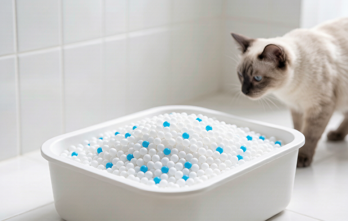 Silica gel cat litter in box with cat