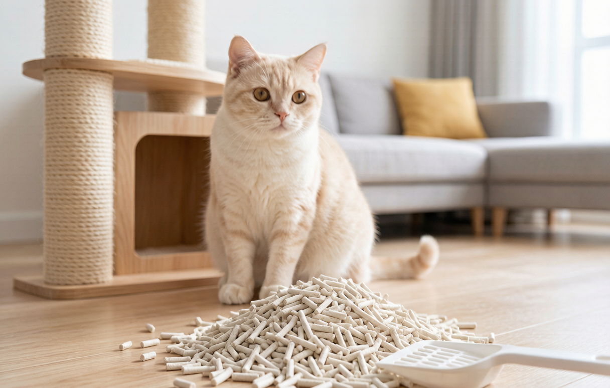 Tofu cat litter on wooden floor with cat